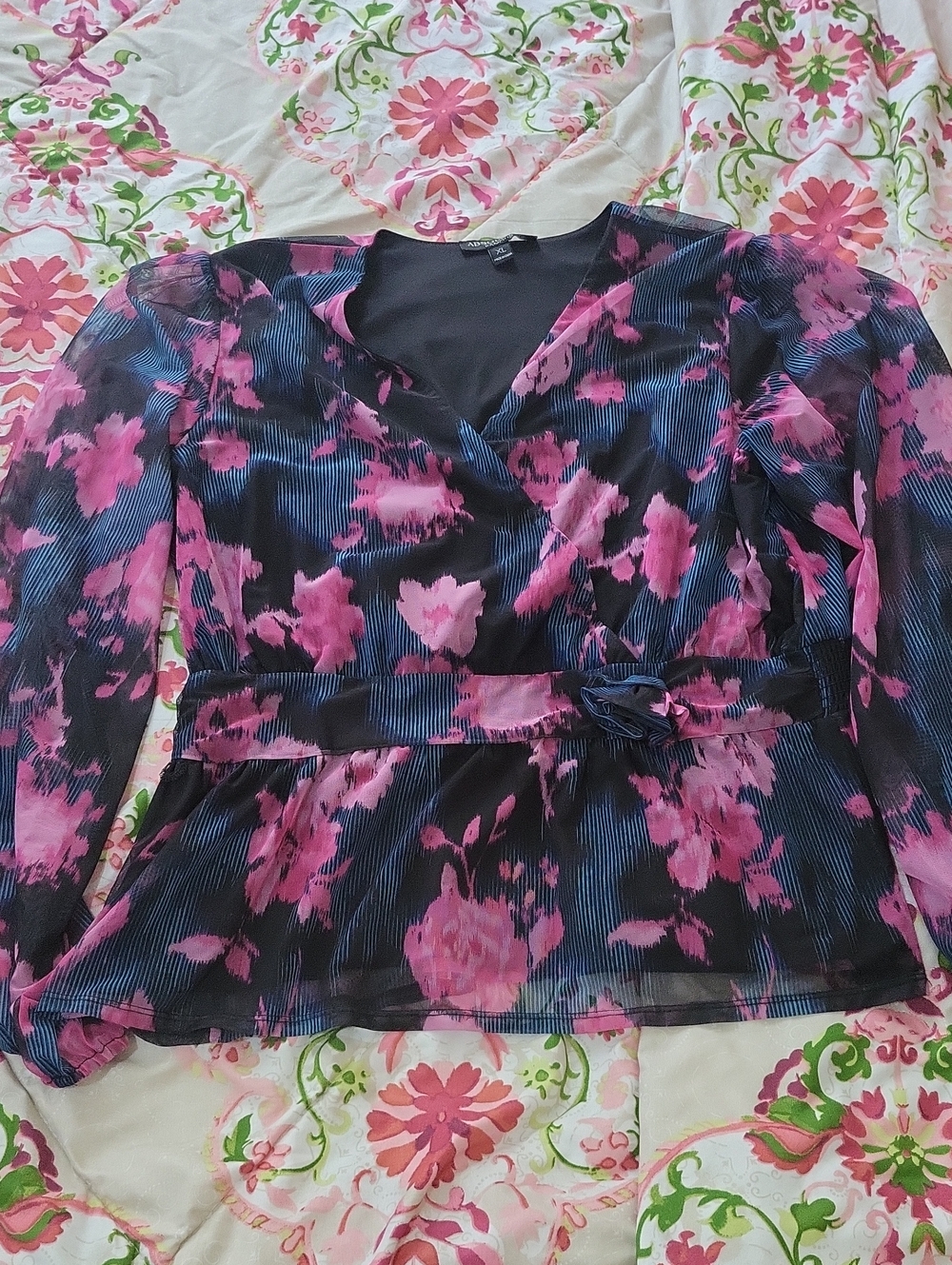 Womens Black & Pink Floral Wrap Blouse